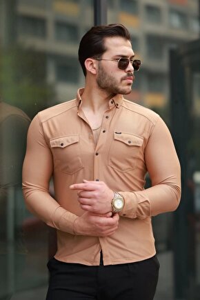 Erkek çift Cepli çıtçıt Düğmeli Uzun Kollu Gömlek