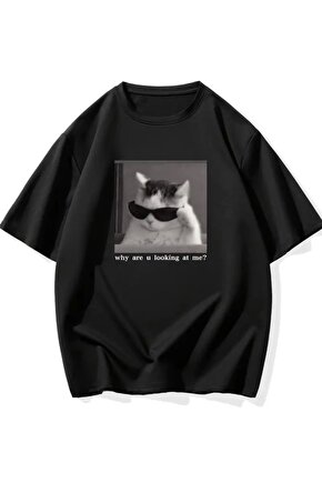 Baskılı Oversize Bisiklet Yaka T-shirt - Siyah