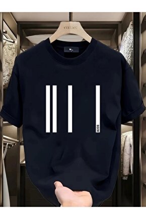 Baskılı Oversize Bisiklet Yaka T-shirt - Siyah