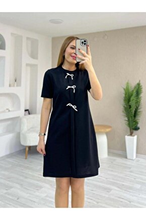 Kadın Kısa Kollu Bisiklet Yaka önden Fiyonk Detaylı Ithal Krep Elbise