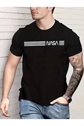 Erkek Kısa Kollu NASA Baskı Bisiklet Yaka T-shirt