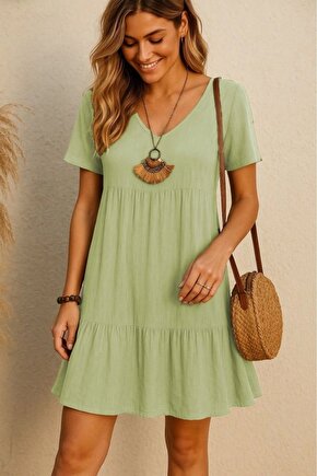 Kadın Kısa Kollu V Yakalı Fırfırlı Bürümcük Elbise