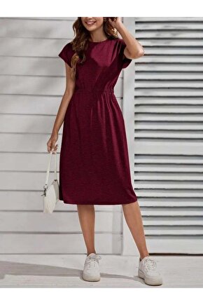 Kadın Kısa Kollu Bisiklet Yaka Belden Lastikli Midi Viskon Elbise