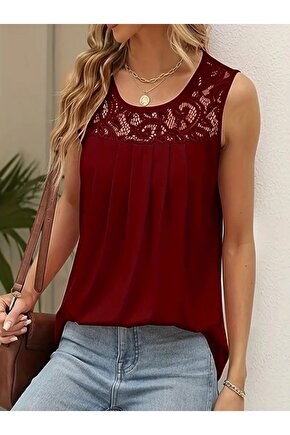 Kadın Askılı Yuvarlak Yaka Dantel Detaylı Viskon Bluz