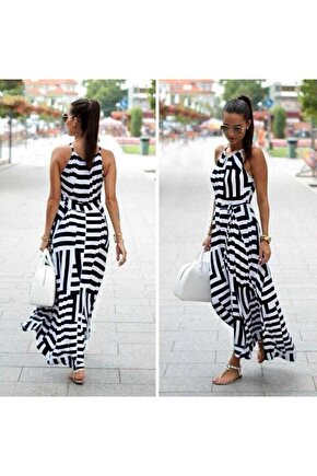 Kadın Ayarlanabilir Askılı Geometrik Desen Kuşaklı Gipeli Süprem Elbise