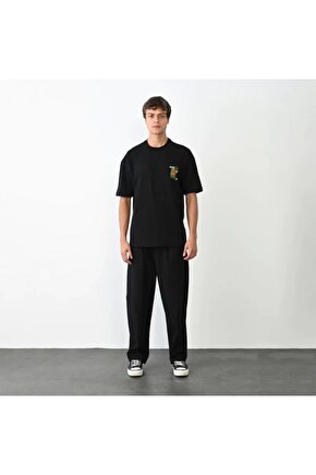 Unisex Bisiklet Yaka Baskılı Oversize T-Shirt - Siyah