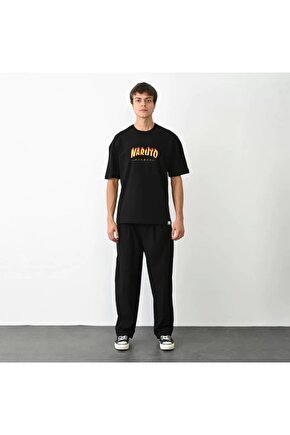 Unisex Bisiklet Yaka Baskılı Oversize T-Shirt - Siyah