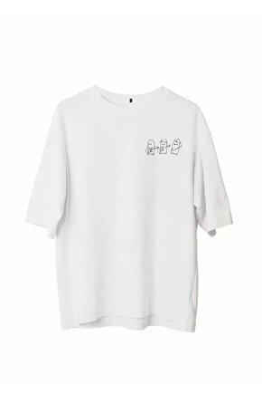 Unisex Bisiklet Yaka Baskılı Oversize T-Shirt - Beyaz