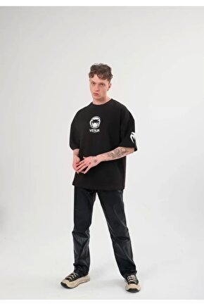 Unisex Bisiklet Yaka Baskılı Oversize T-Shirt - Siyah