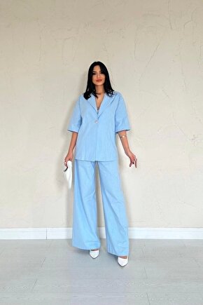 Mavi Önü Tek Düğmeli Ceket Pantolon Takım
