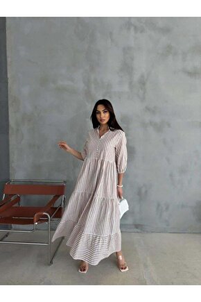 ÇİZGİLİ KETEN HAKİM YAKA DÜĞMELİ SALAŞ ELBİSE - Kahverengi