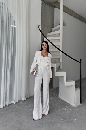 JAKARLI BLUZU TASARIM DETAYLI CEKET-PANTOLON-BLUZ 3 LÜ TAKIM - Beyaz