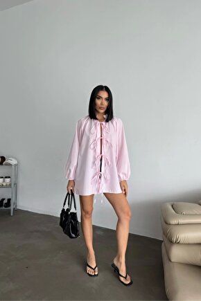 GÖMLEK POPLİN HAKİM YAKA ÖNDEN BAĞLAMA İP DETAYLI - Pembe
