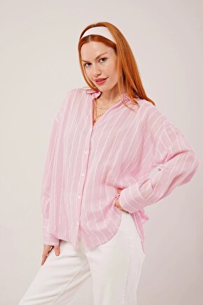 Kol Düğmeli Çizgili Pembe Gömlek