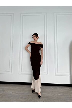 triptiz Omuzlu Uzun Elbise Kahve