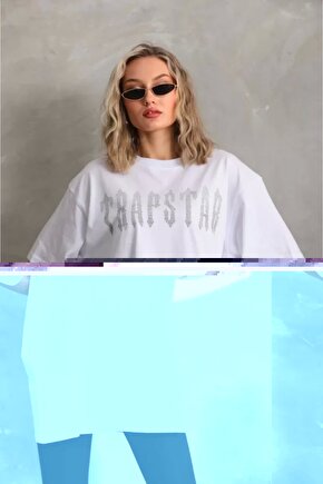 Unisex Taş Desenli Oversize Thirt Beyaz