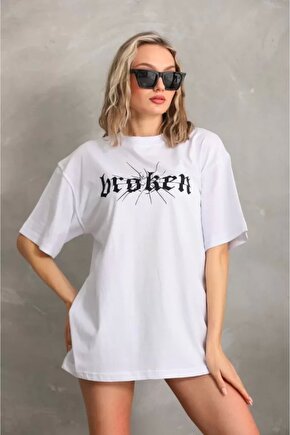 Unisex Baskılı Oversize Thirt  Beyaz