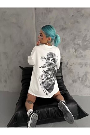 Unisex Baskılı Oversize Thirt Beyaz