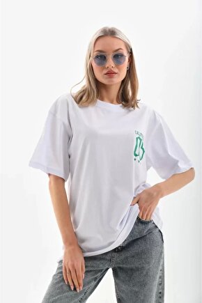 Unisex Baskılı Oversize Thirt  Beyaz