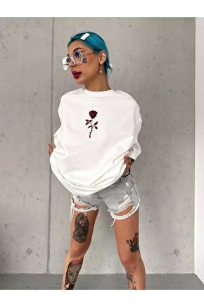 Unisex Bisiklet Yaka Baskılı Oversize Thirt  Beyaz