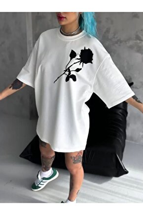 Unisex Bisiklet Yaka Baskılı Oversize Thirt  Beyaz