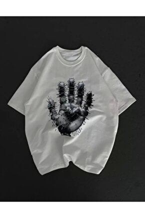 Unisex Bisiklet Yaka Baskılı Oversize Thirt  Beyaz