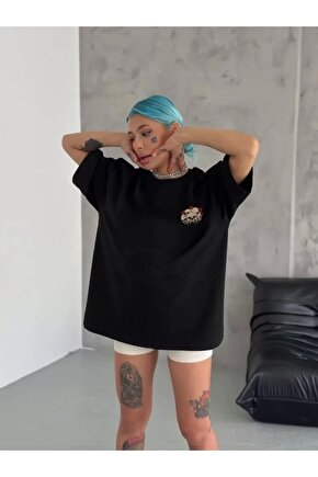 Unisex Bisiklet Yaka Baskılı Oversize Thirt  iyah