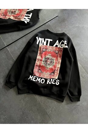 Bisiklet Yaka Üç İplik Baskılı Oversize weathirt iyah