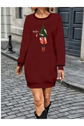 Kadın Uzun Kollu Bisiklet Yaka Desenli Kısa Viskon Iki Iplik Elbise