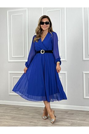 gelirr Kadın şifon Kumaş Astalı Kloş Kesim Kruvaze Yaka Midi Boy Elbise