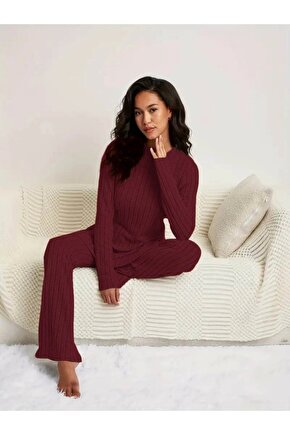 Kadın Uzun Kollu Yuvarlak Yaka Yandan Yırtmaç Detaylı şardonlu Kaşkorse Bluz Ve Pantolon Ikili Takım