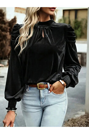 Kadın Uzun Kollu Balıkçı Yaka Damla Detaylı Kadife Bluz