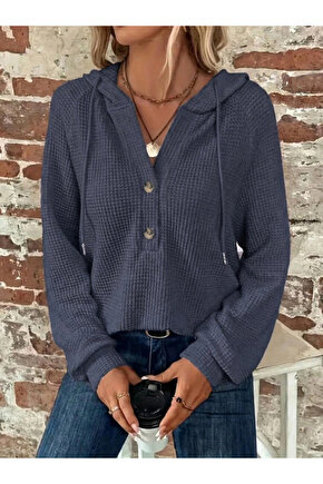 Kadın Uzun Kollu Kapşonlu önü Düğmeli Ve Bağcıklı Waffle Bluz