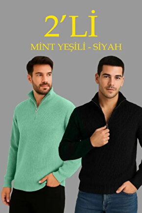 Erkek Fitilli Triko Kazak 2’li Set – Mint Yeşili - Siyah, Kalın Dokuma Pamuklu Regular Fit V Yaka F