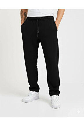 Erkek Üç Iplik Kışlık Pamuklu Ovarsize Bağcıklı Düz Paça Cepli Eşofman Altı Spor Rahat Model - Siyah