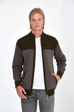 Erkek Fermuarlı Triko Hırka Yüksek Yaka, Cepli, Günlük Şık Rahat Kalıp Triko - Kahverengi