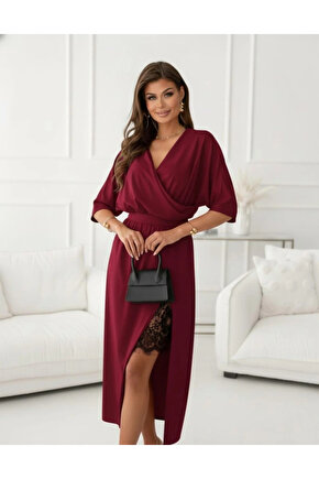 Kadın Uzun Kollu Kruvaze Yakalı Yandan Dantelli Midi Ithal Krep Elbise