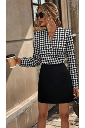 Kadın Uzun Kollu Kruvaze Yakalı üst Dalgıç Alt Ithal Krep Mini Elbise