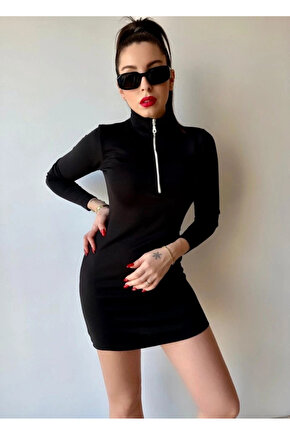 Kadın Balıkçı Yaka Fermuar Detay Mini Elbise