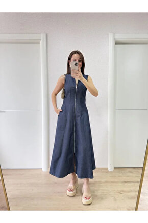 Jeans Kot Önü Tam Fermuarlı Uzun Elbise - Mavi