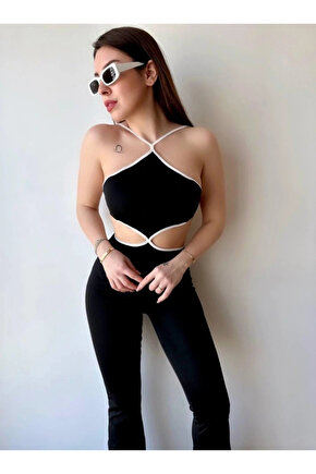 Kadın Halter Yaka Bel Dokolteli Tulum