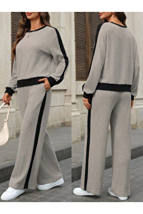 Kadın Uzun Kollu Bisiklet Yaka şardonlu Kaşkorse Bluz Ve Pantolon Ikili Takım