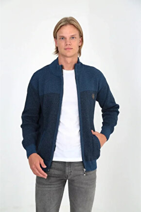 Erkek Fermuarlı Triko Hırka Yüksek Yaka, Cepli, Günlük Şık Rahat Kalıp Triko - Mavi