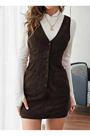 Kadın Askılı V Yakalı önden Düğmeli Mini Kalın Fitilli Kadife Elbise