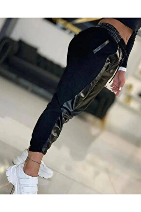 Kadın Yüksek Bel Lastikli Cepli Deri Detaylı Dalgıç Pantolon