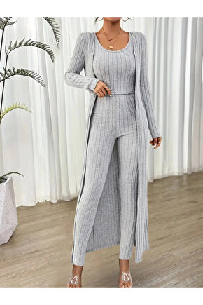 Kadın Yuvarlak Yaka Askılı Krop Bluz Yüksek Bel Tayt Ve Uzun Hırka şardonlu Kaşkorse üçlü Takım