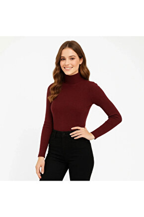 Kadın Tam Boğazlı Fitilli Likrali Koşkorse Badi - Bordo