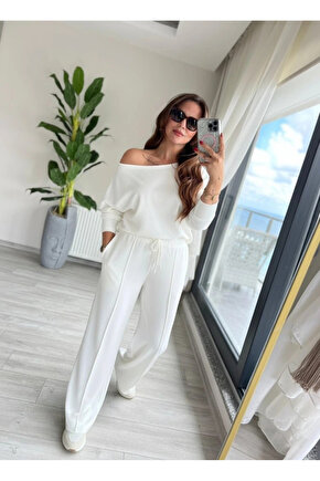 Kadın Uzun Kollu Tek Omuzdan Açık Dalgıç Bluz Ve Pantolon Ikili Takım