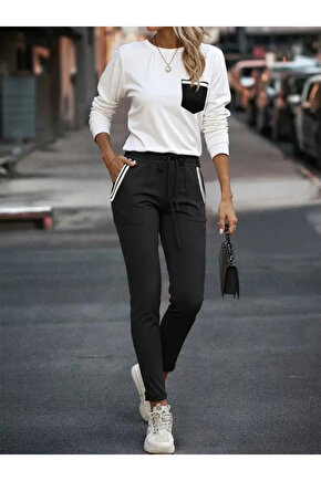 Kadın Uzun Kollu Bisiklet Yaka Cepli Viskon Iki Iplik Bluz Ve Pantolon Ikili Takım