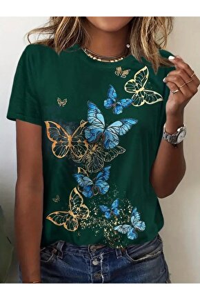 Kadın Kısa Kollu Mavi Sarı Kelebek Baskı Süprem Bluz
